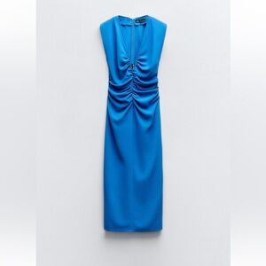 Zara blue crepe midi dress with silver appliqué
